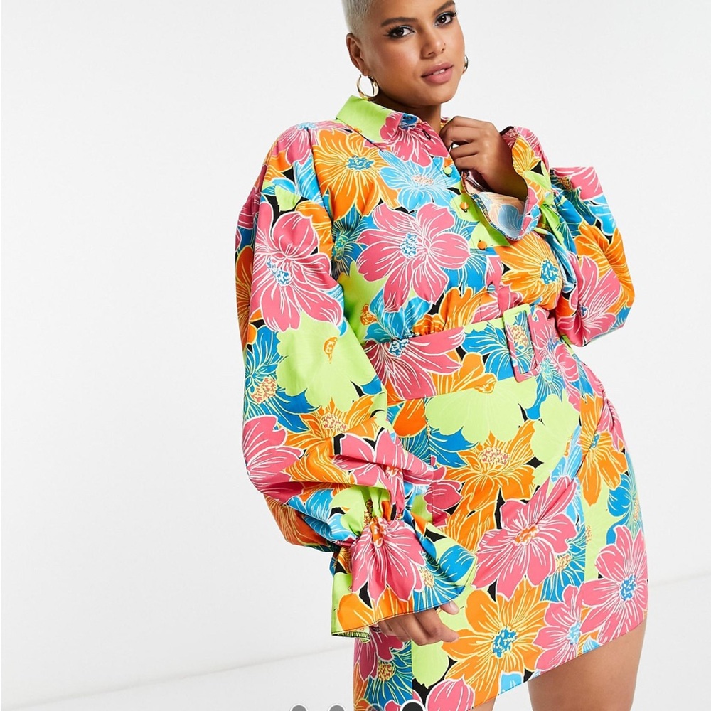 Colorful Floral Mini Dress with Statement Sleeves
